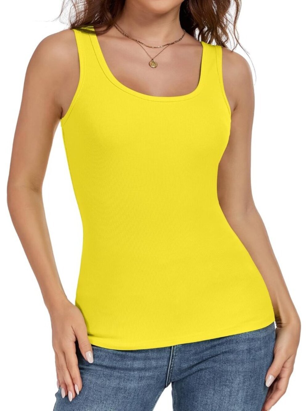 Women's Yellow Fitted Scoop Neck Slim Fit Summer Sleeveless Tank Top